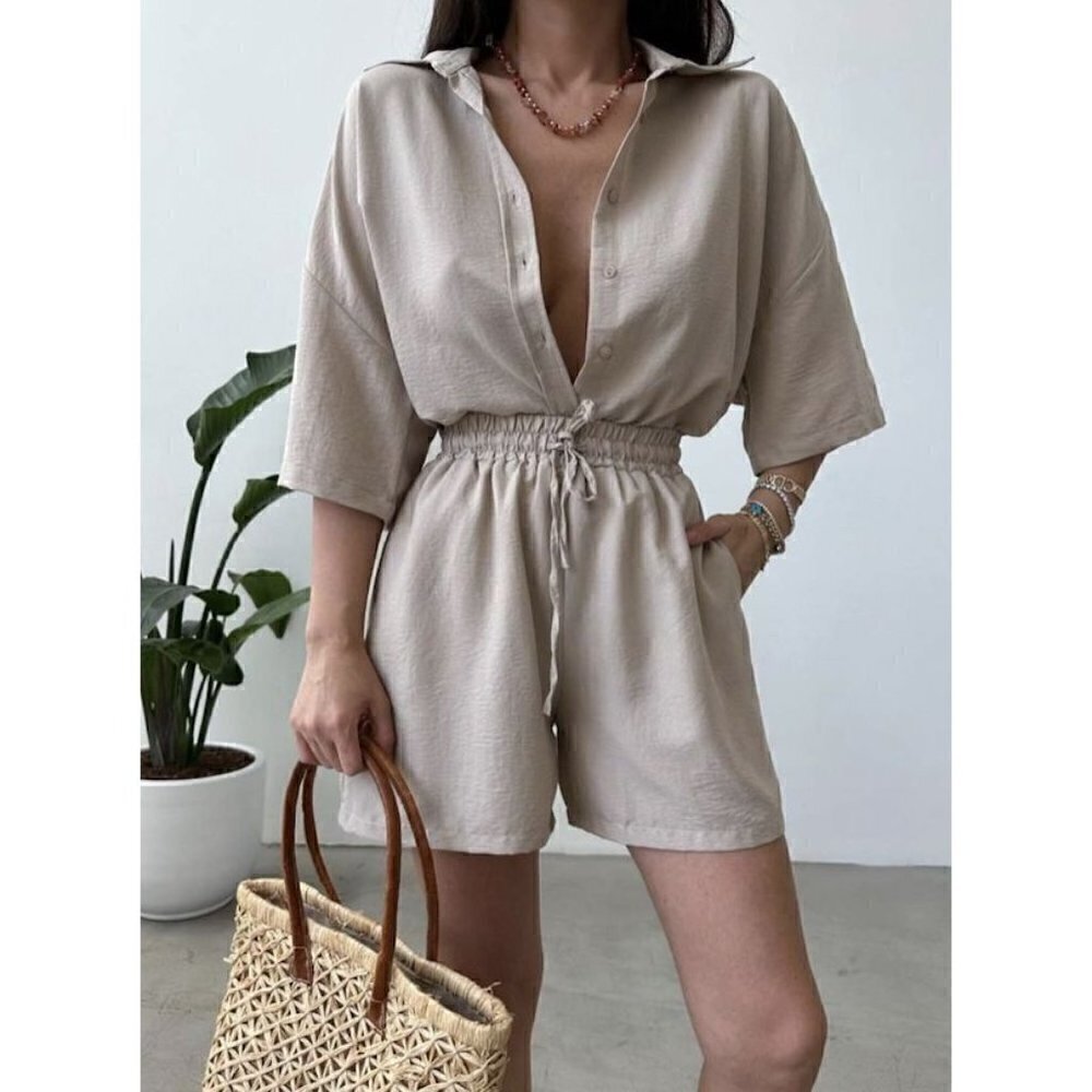 BLANK NYC Linen Blend Button Up Romper in Tan Size Medium